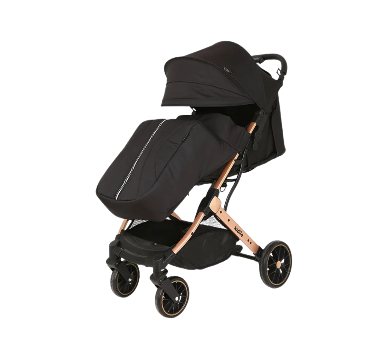 Poussette légère et pliable avec suspensions 4 roues + couvre-pieds