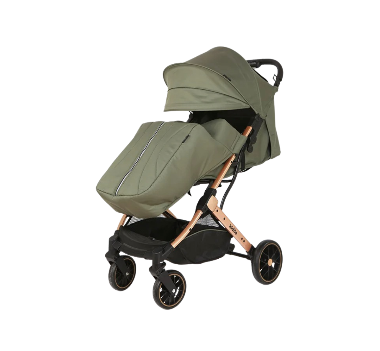 Poussette légère et pliable avec suspensions 4 roues + couvre-pieds
