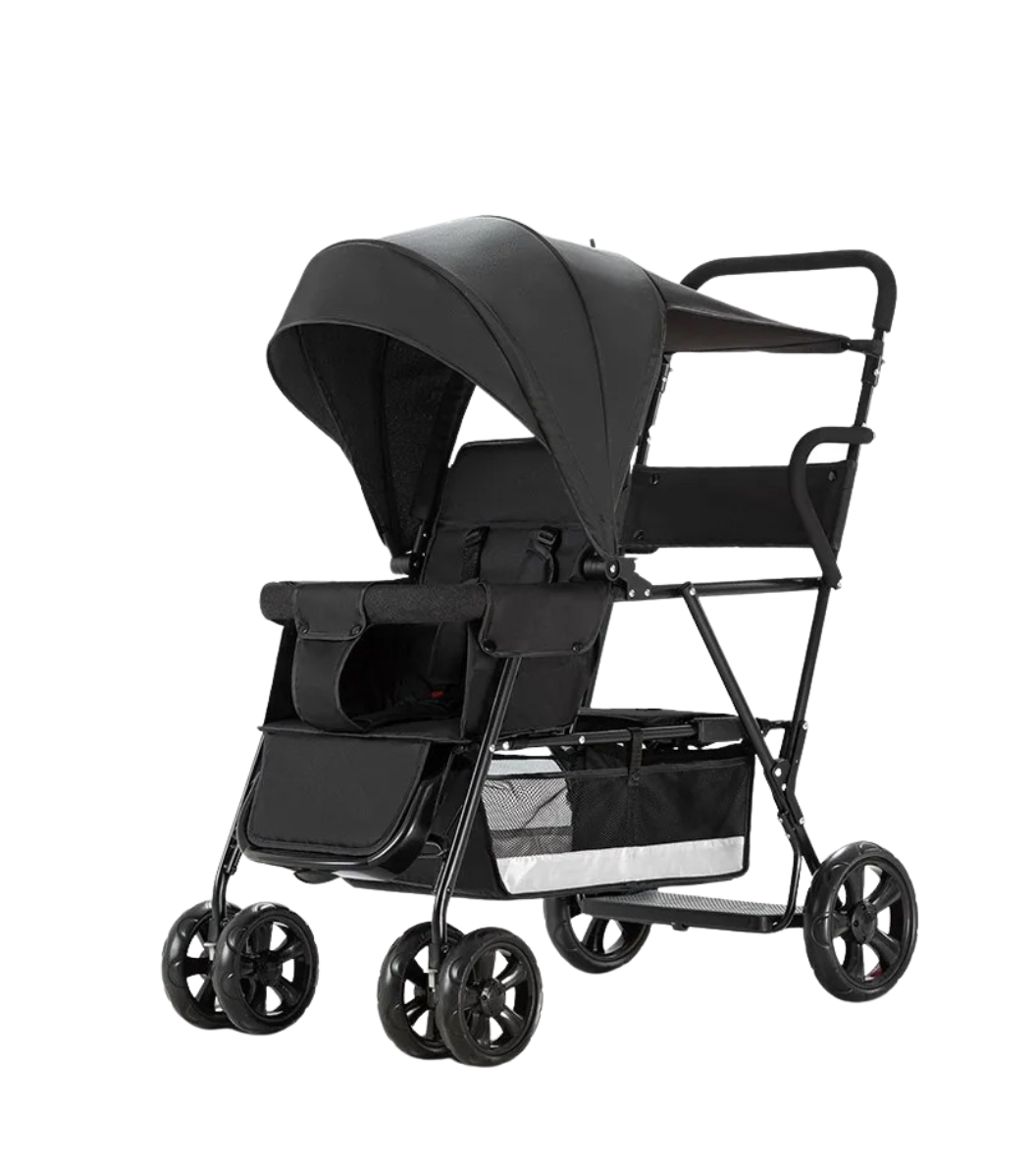 Poussette double tandem grand confort et haute adhérence